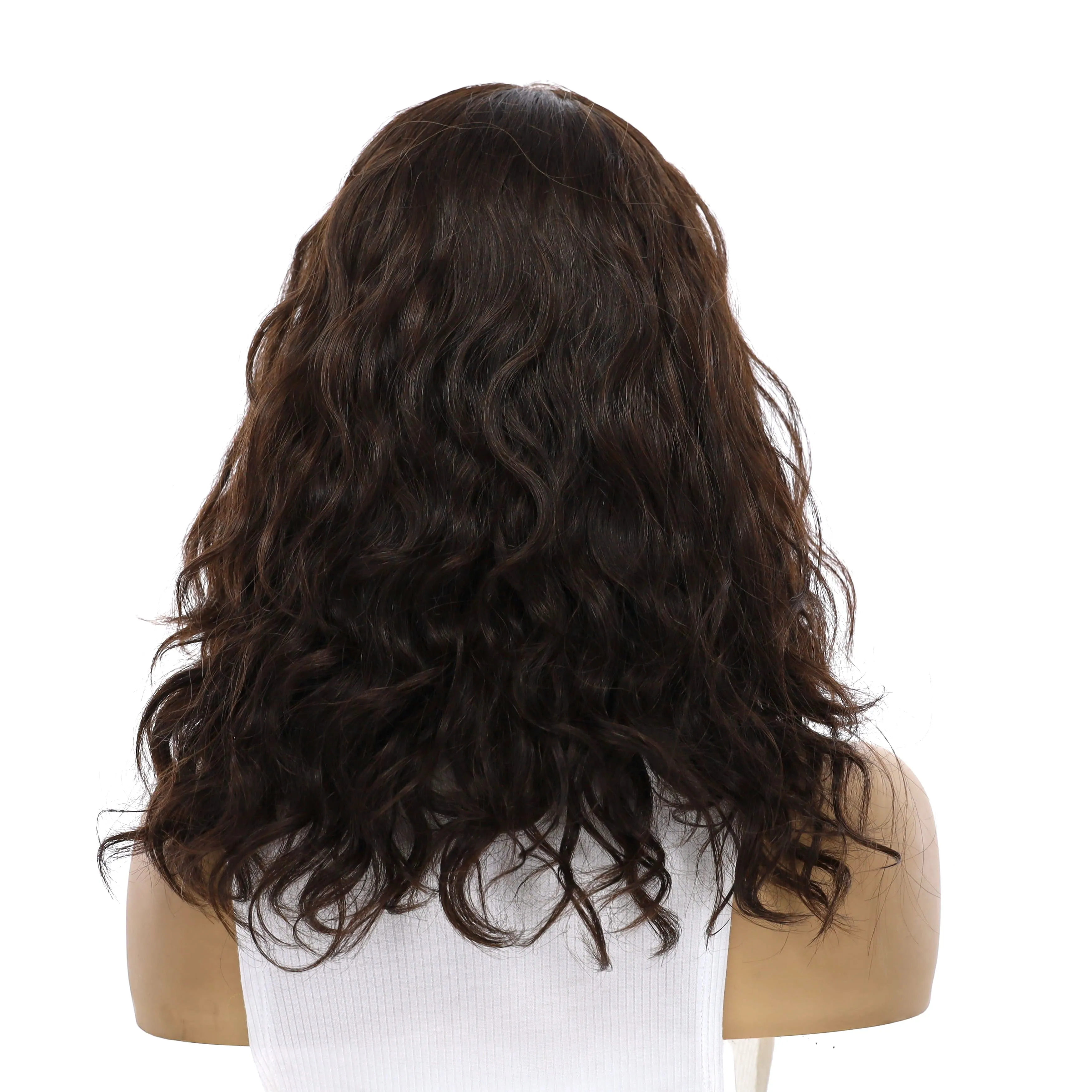 16" Ponytail Silk Part Wig Dark Brown Wavy