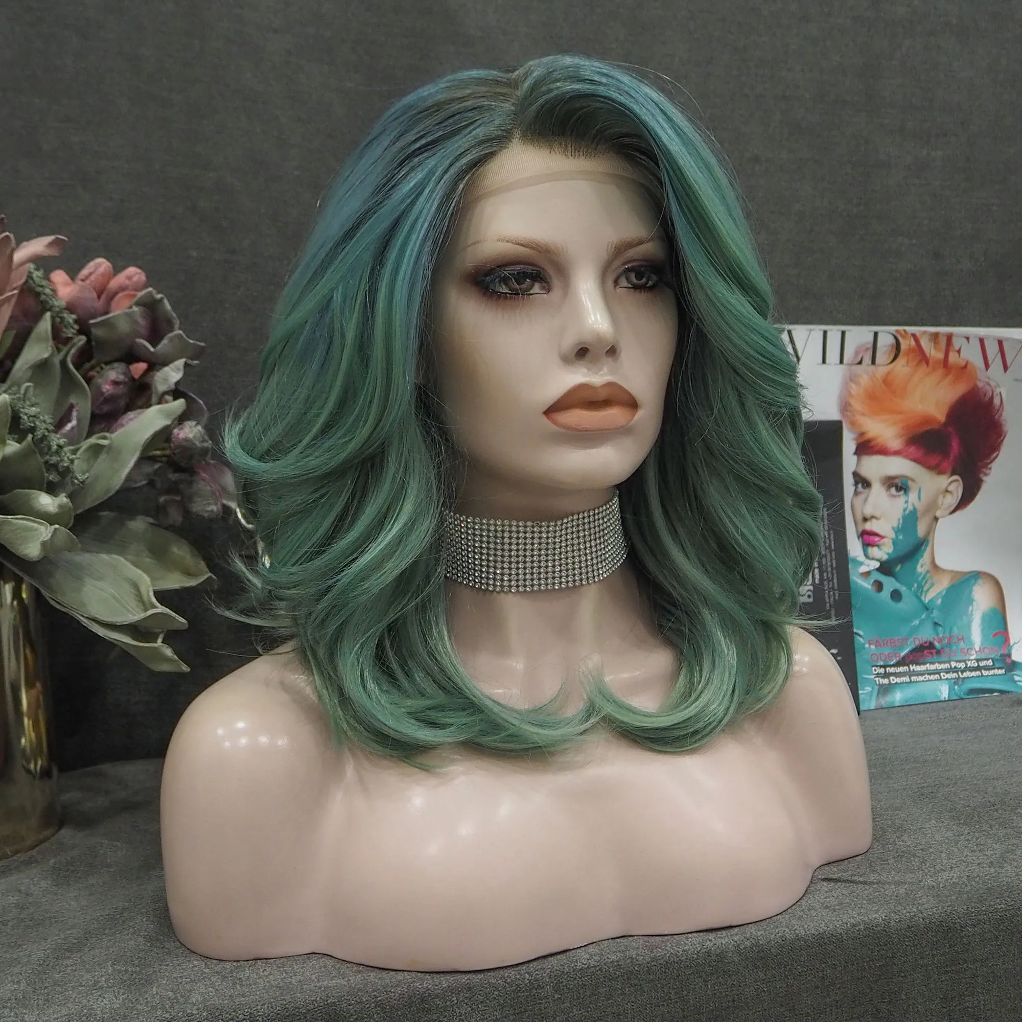 Autumn-Green Wavy Synthetic Lace Front Wig