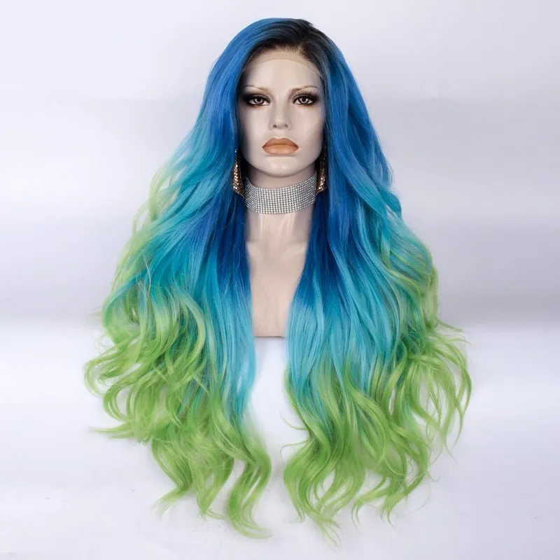 Blue to Green Ombre Dark Root Long Loose Wave Synthetic Lace Front Wig