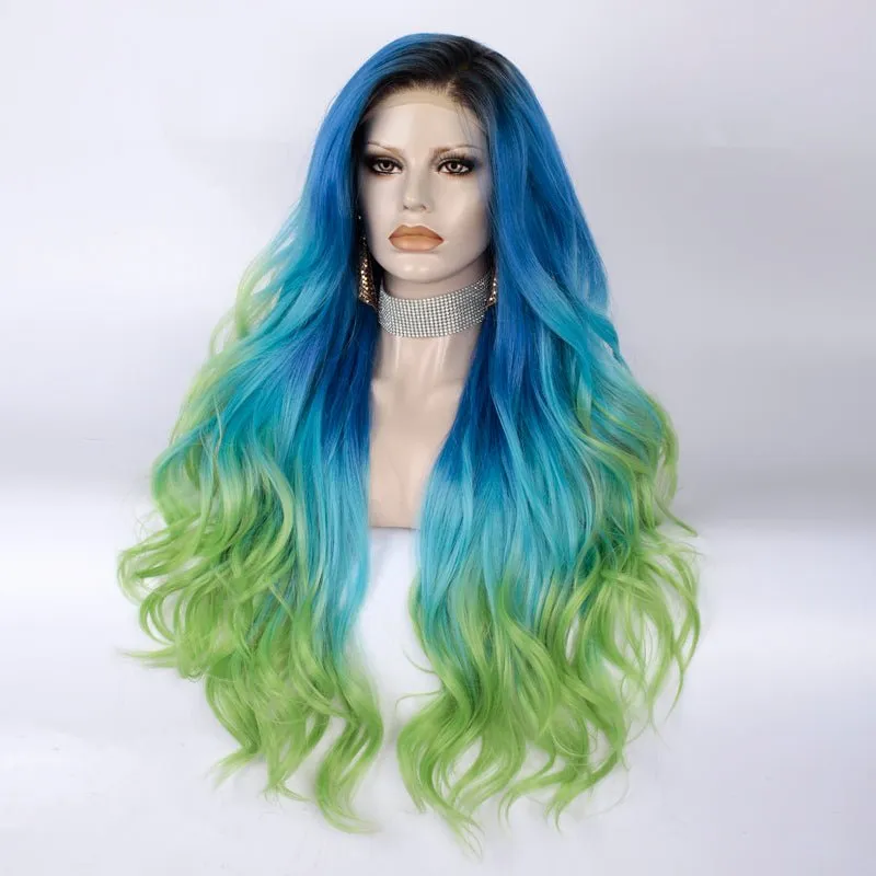 Blue to Green Ombre Dark Root Long Loose Wave Synthetic Lace Front Wig