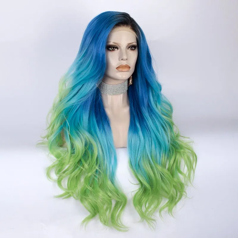 Blue to Green Ombre Dark Root Long Loose Wave Synthetic Lace Front Wig