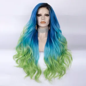 Blue to Green Ombre Dark Root Long Loose Wave Synthetic Lace Front Wig