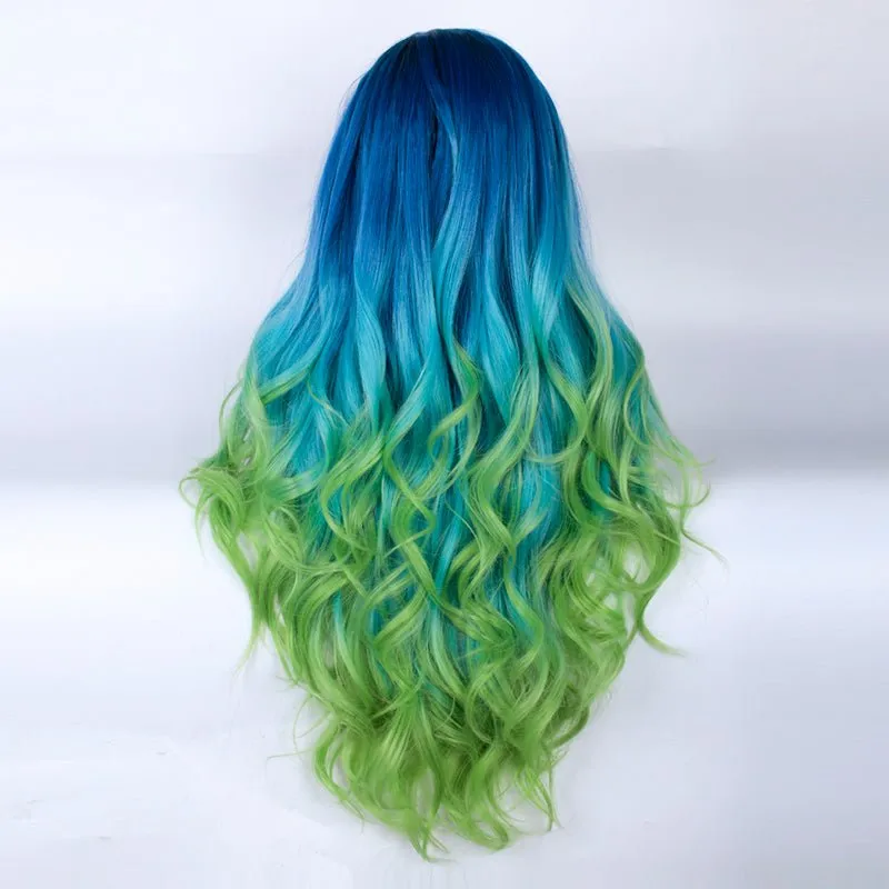 Blue to Green Ombre Dark Root Long Loose Wave Synthetic Lace Front Wig