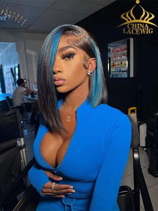 Chinalacewig Preplucked Human Hair Highlight BOB Blue 13x4 Undetecable HD Lace Front Wigs NCF092