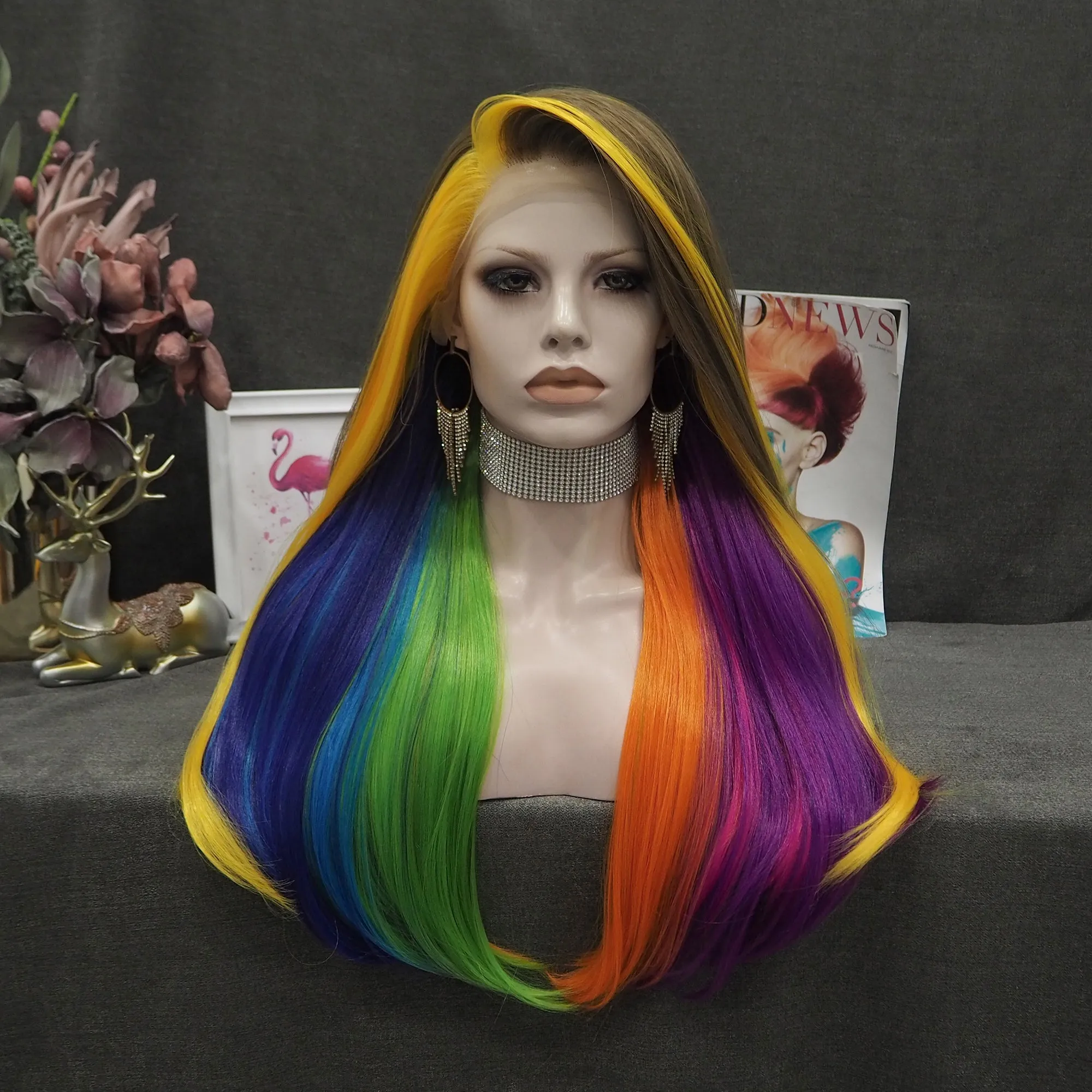 Fiona - Light Brown to Rainbow Long Straight Synthetic Lace Front Wig