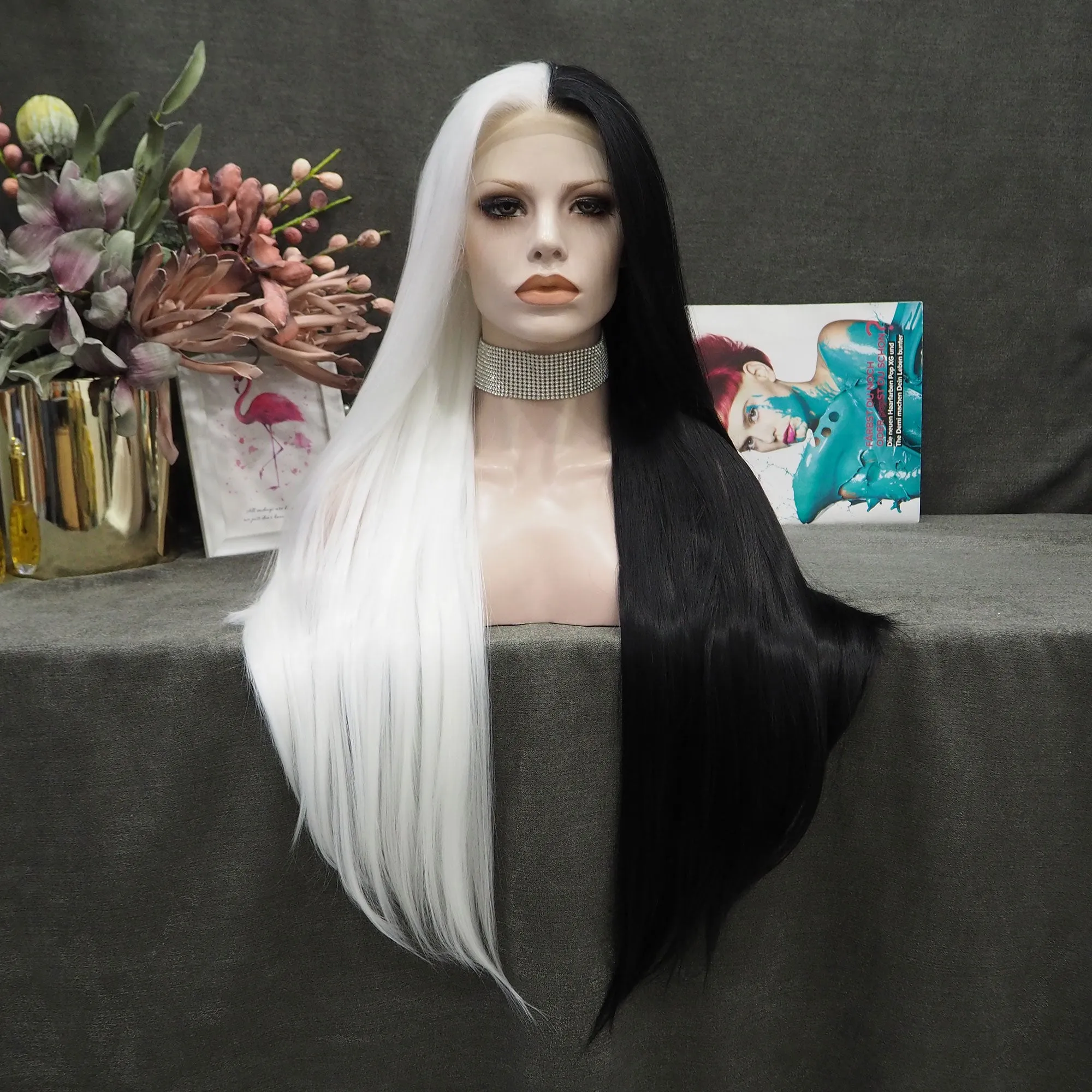 Half Black Half White Wigs Long Straight Synthetic Halloween Cosplay Wig