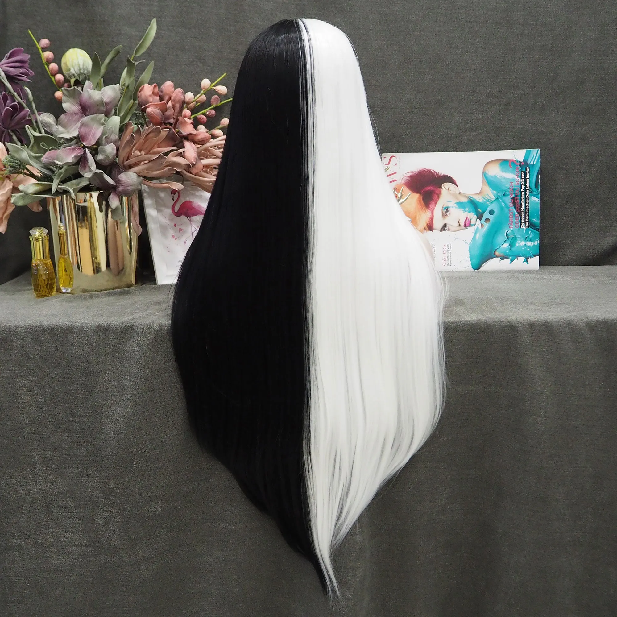 Half Black Half White Wigs Long Straight Synthetic Halloween Cosplay Wig