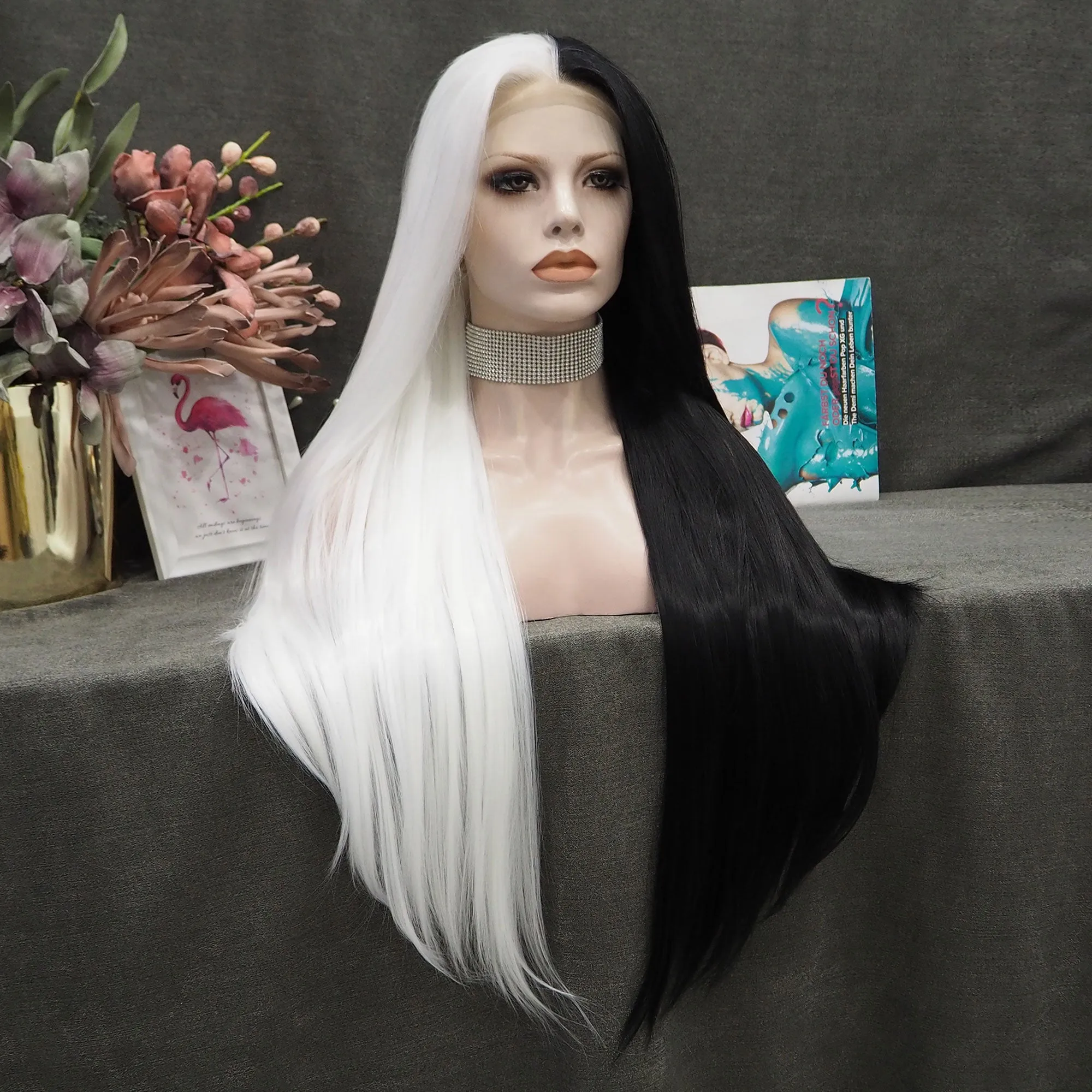Half Black Half White Wigs Long Straight Synthetic Halloween Cosplay Wig