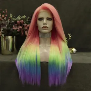 IMstyle new rainbow Morning Color Wigs | Lace Long Straight Wigs | Synthetic Wigs | 26 inch | Daily DIY | Holiday Headwear