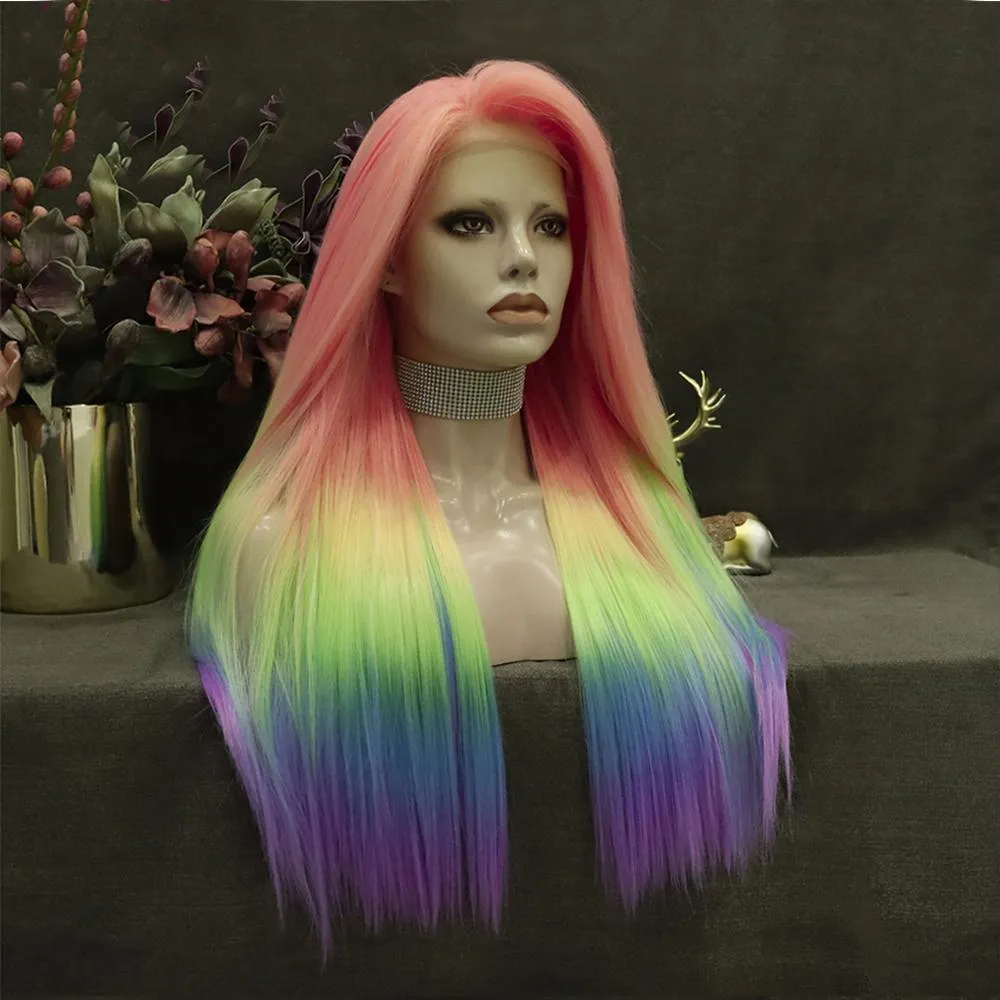 IMstyle new rainbow Morning Color Wigs | Lace Long Straight Wigs | Synthetic Wigs | 26 inch | Daily DIY | Holiday Headwear