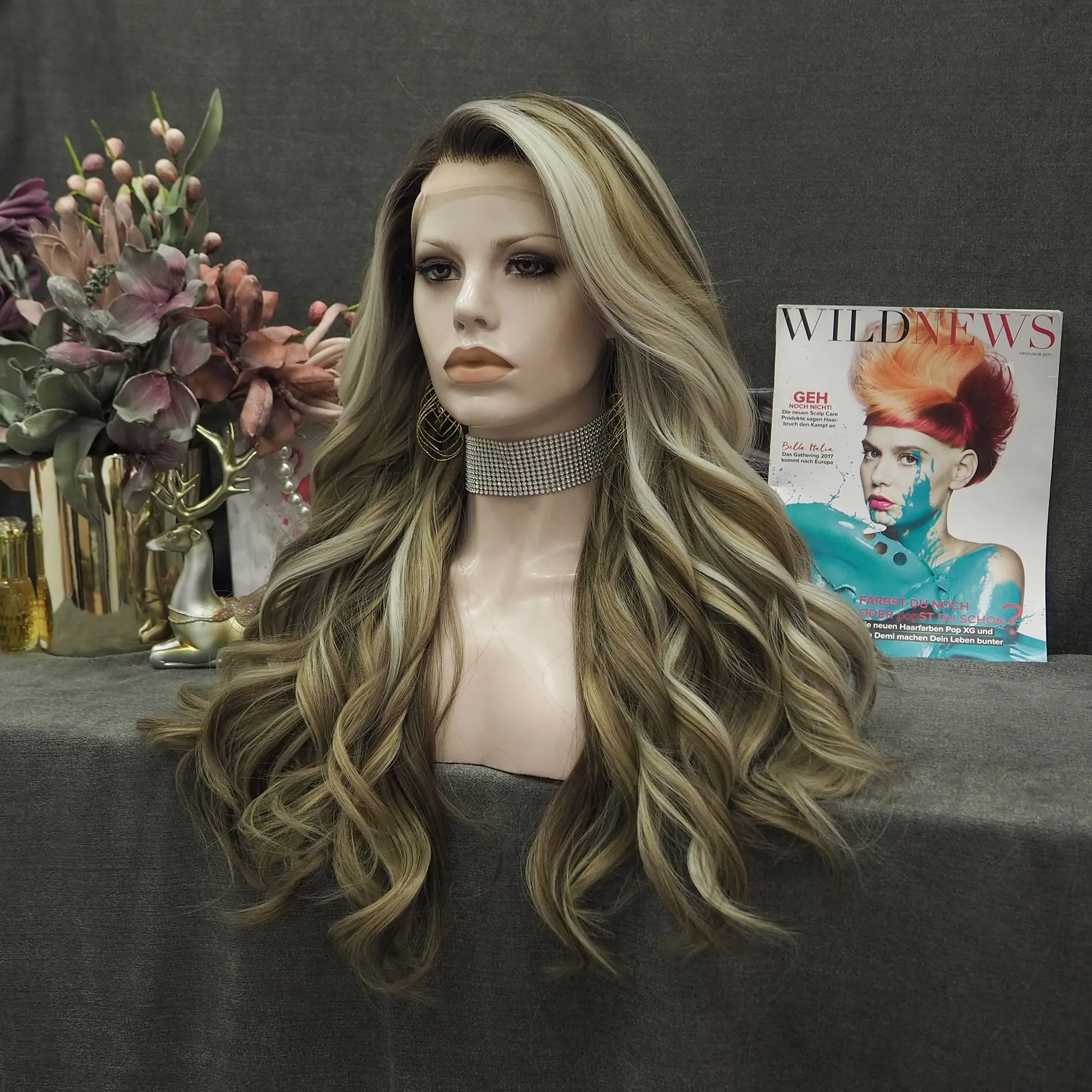 Imstyle-Sandra-brown and blonde with highlight wavy 26inches with no parting synthetic lace front wig