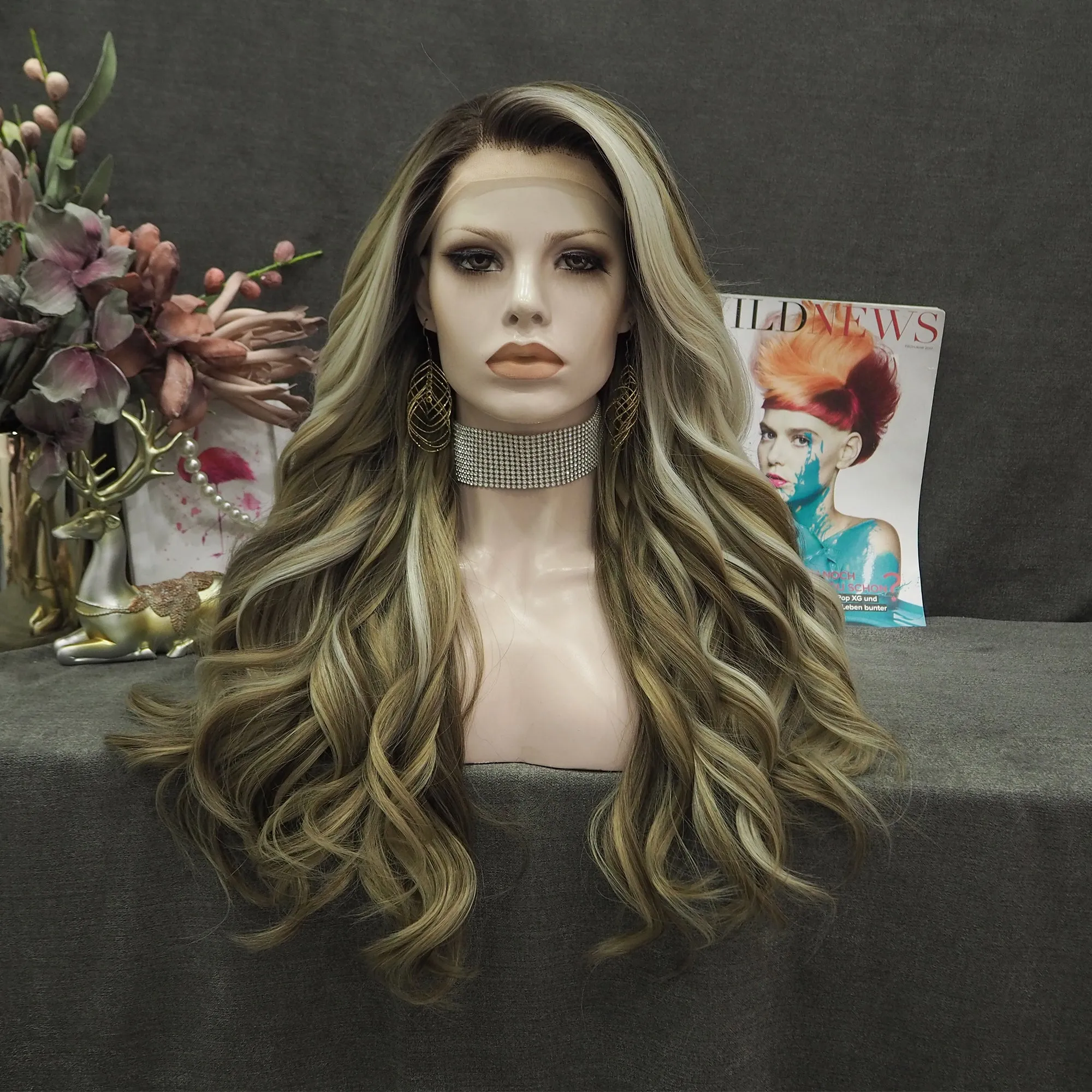 Imstyle-Sandra-brown and blonde with highlight wavy 26inches with no parting synthetic lace front wig