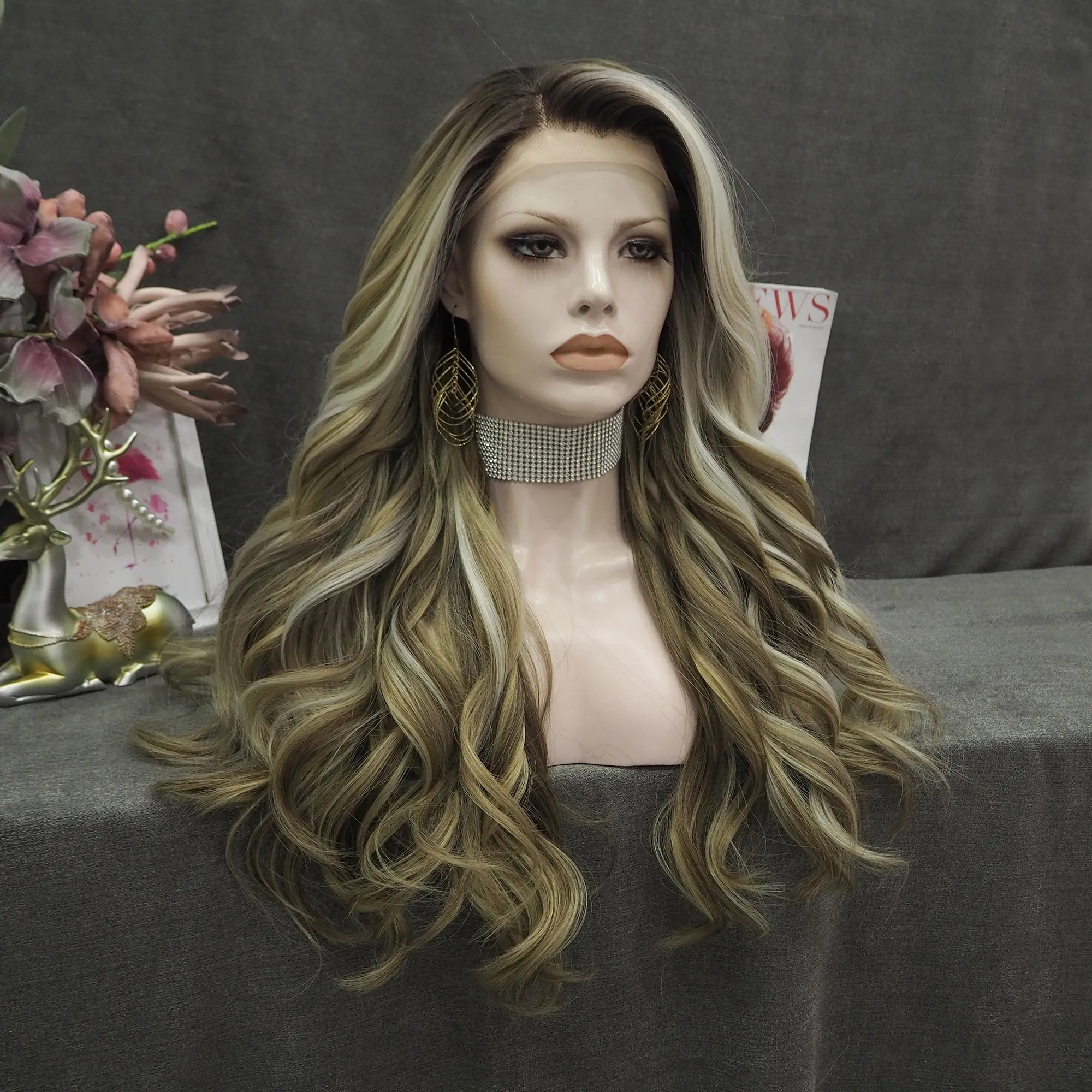Imstyle-Sandra-brown and blonde with highlight wavy 26inches with no parting synthetic lace front wig