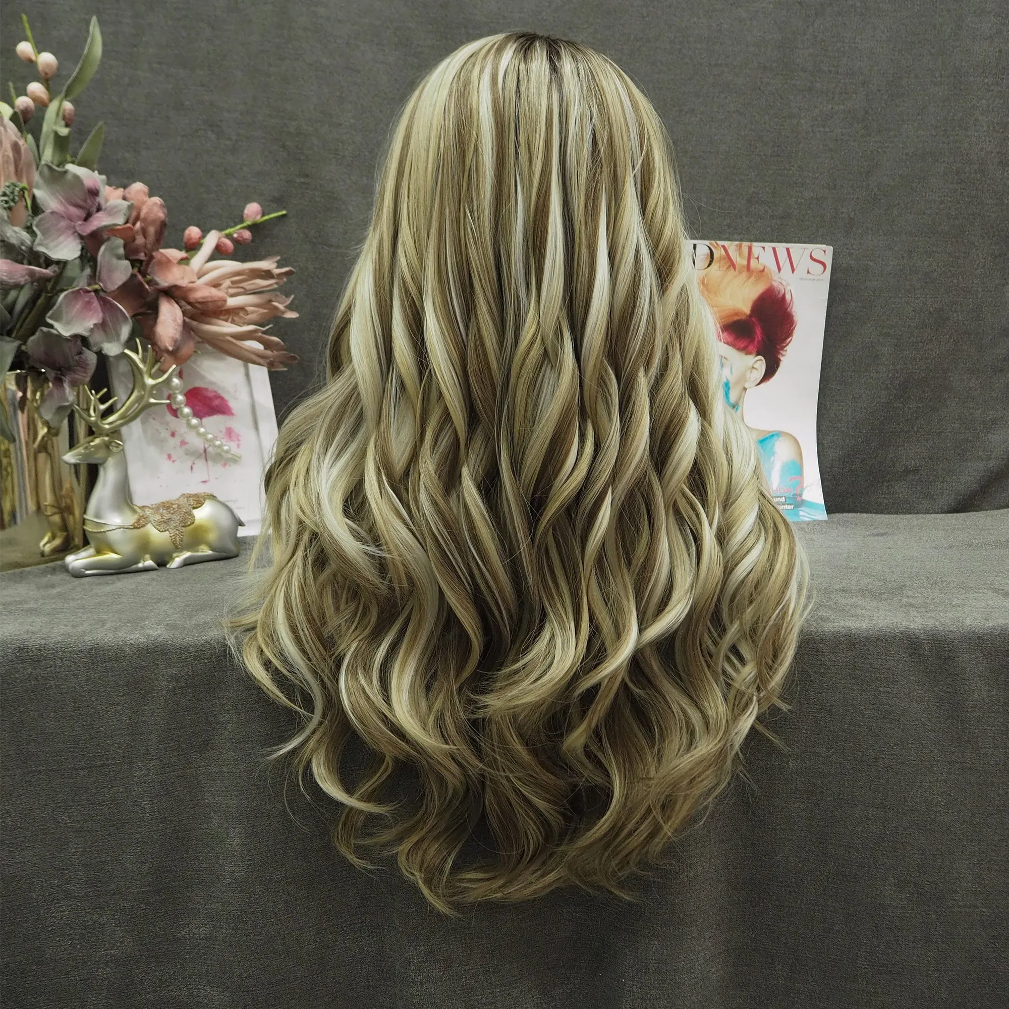 Imstyle-Sandra-brown and blonde with highlight wavy 26inches with no parting synthetic lace front wig