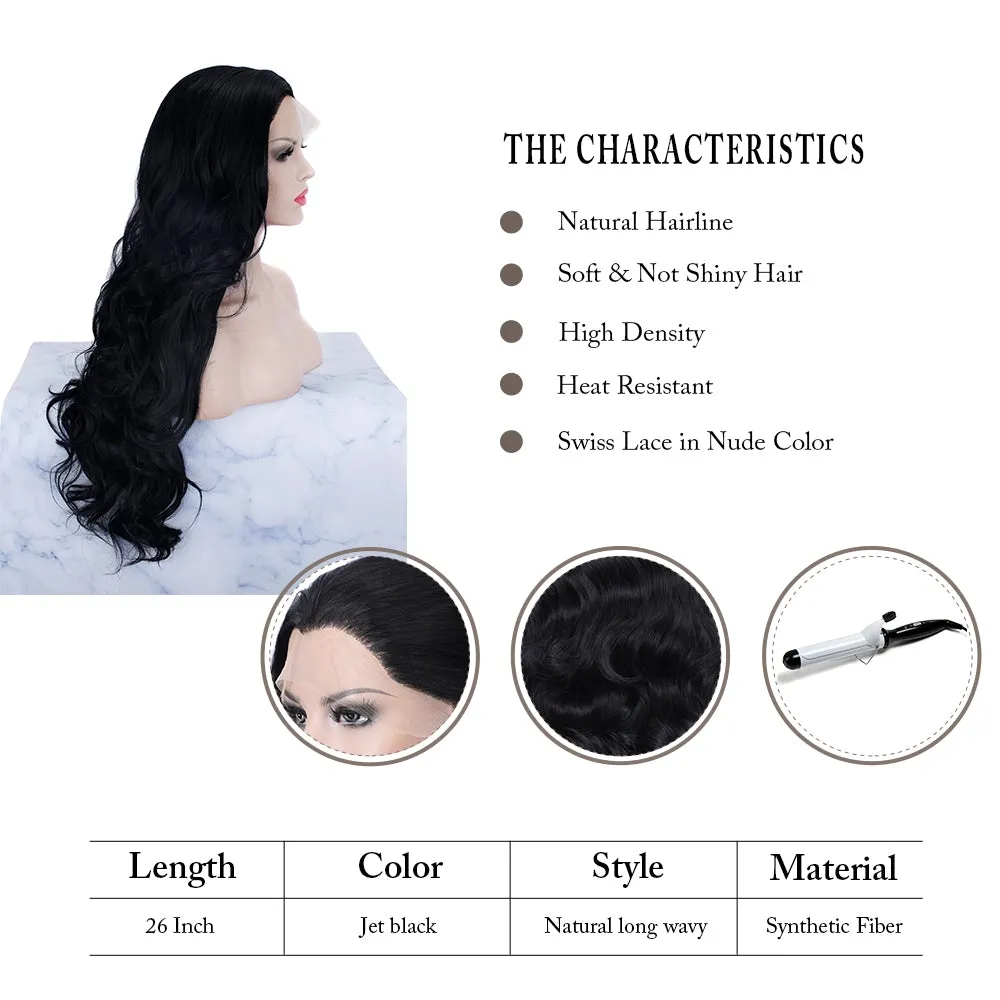 Jane - Black Long Wavy Synthetic Lace Front Wig For Cosplay