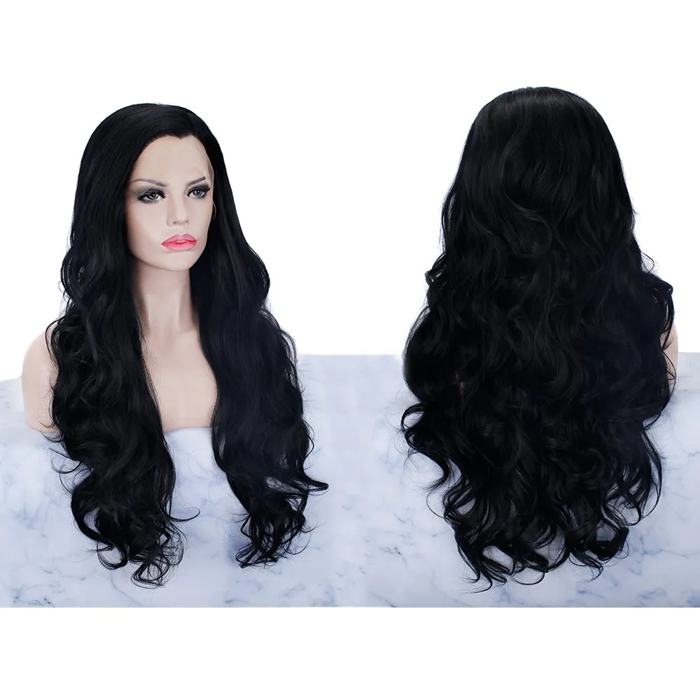 Jane - Black Long Wavy Synthetic Lace Front Wig For Cosplay