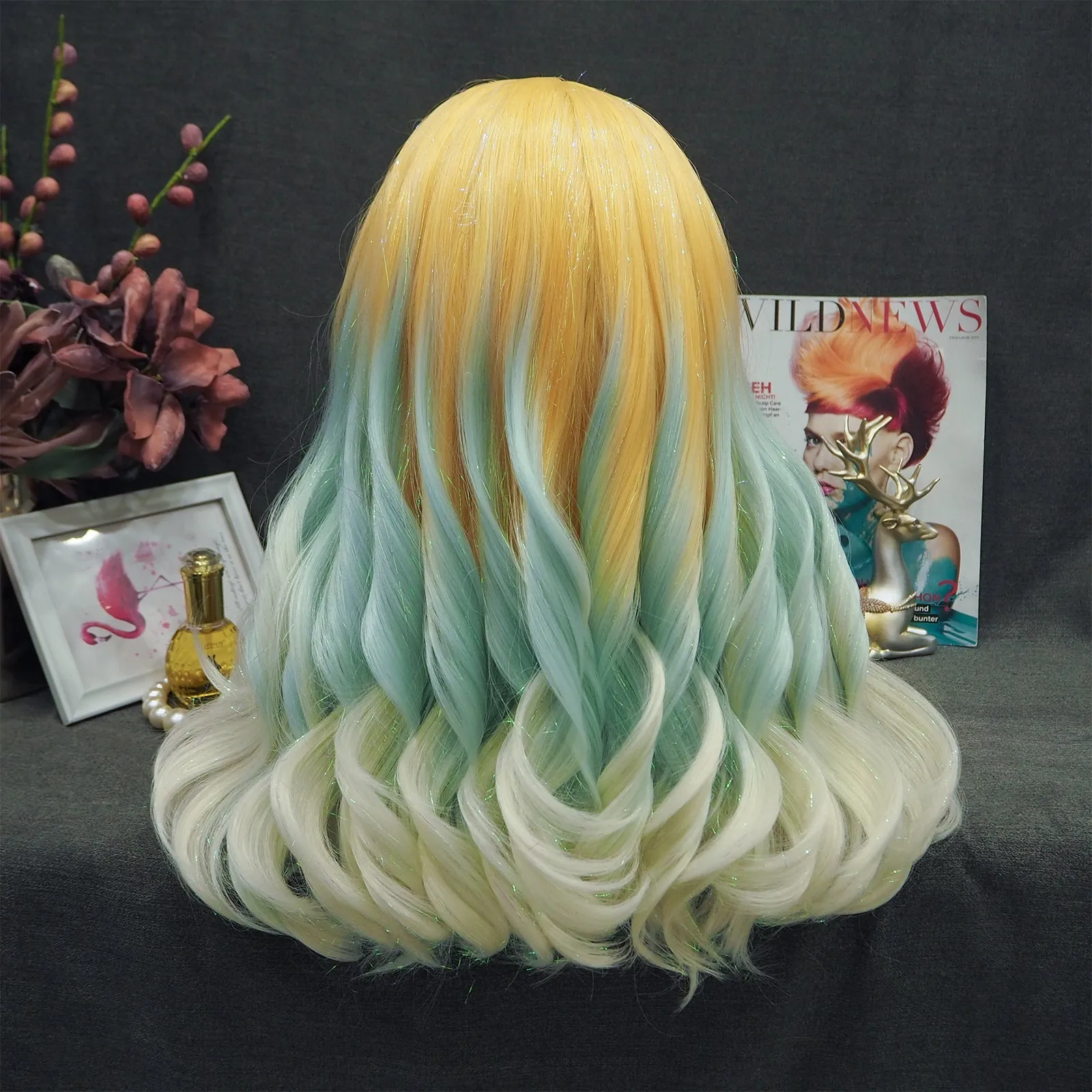 Julia - Blonde to Cyan-blue Ombre Tinsel  Long Wavy Synthetic Lace Front Wig
