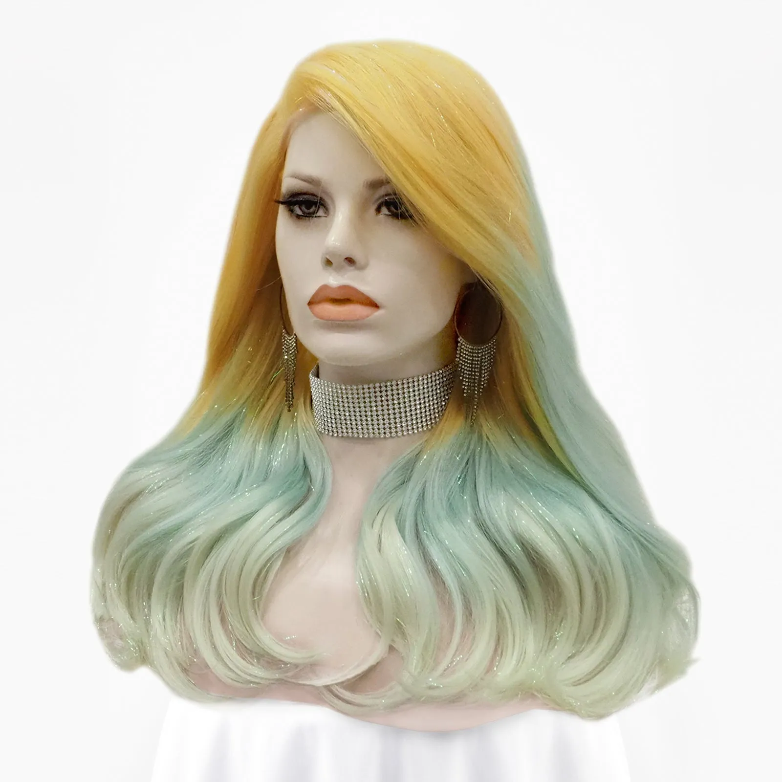 Julia - Blonde to Cyan-blue Ombre Tinsel  Long Wavy Synthetic Lace Front Wig