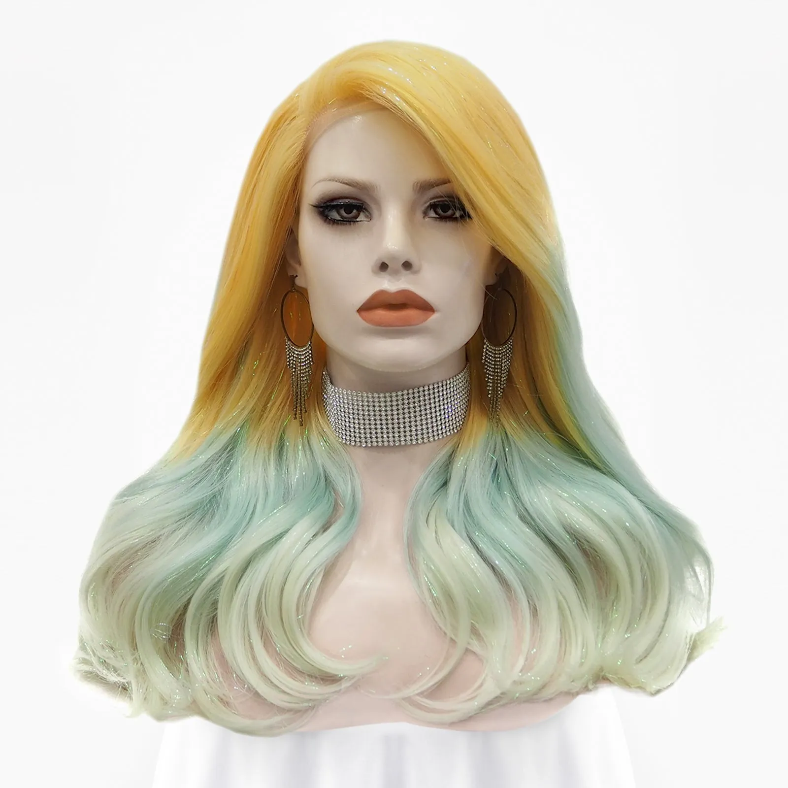 Julia - Blonde to Cyan-blue Ombre Tinsel  Long Wavy Synthetic Lace Front Wig