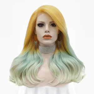 Julia - Blonde to Cyan-blue Ombre Tinsel  Long Wavy Synthetic Lace Front Wig