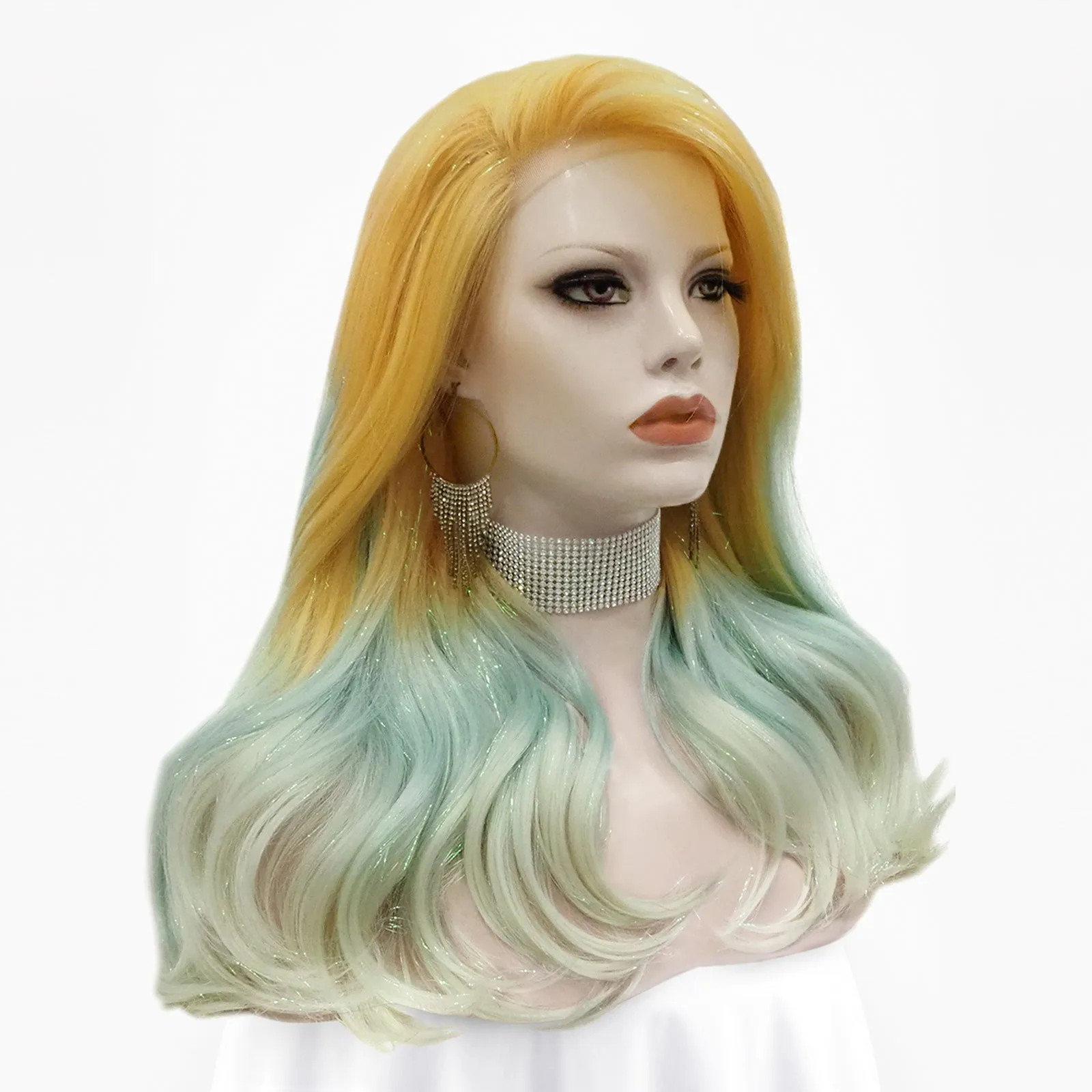 Julia - Blonde to Cyan-blue Ombre Tinsel  Long Wavy Synthetic Lace Front Wig