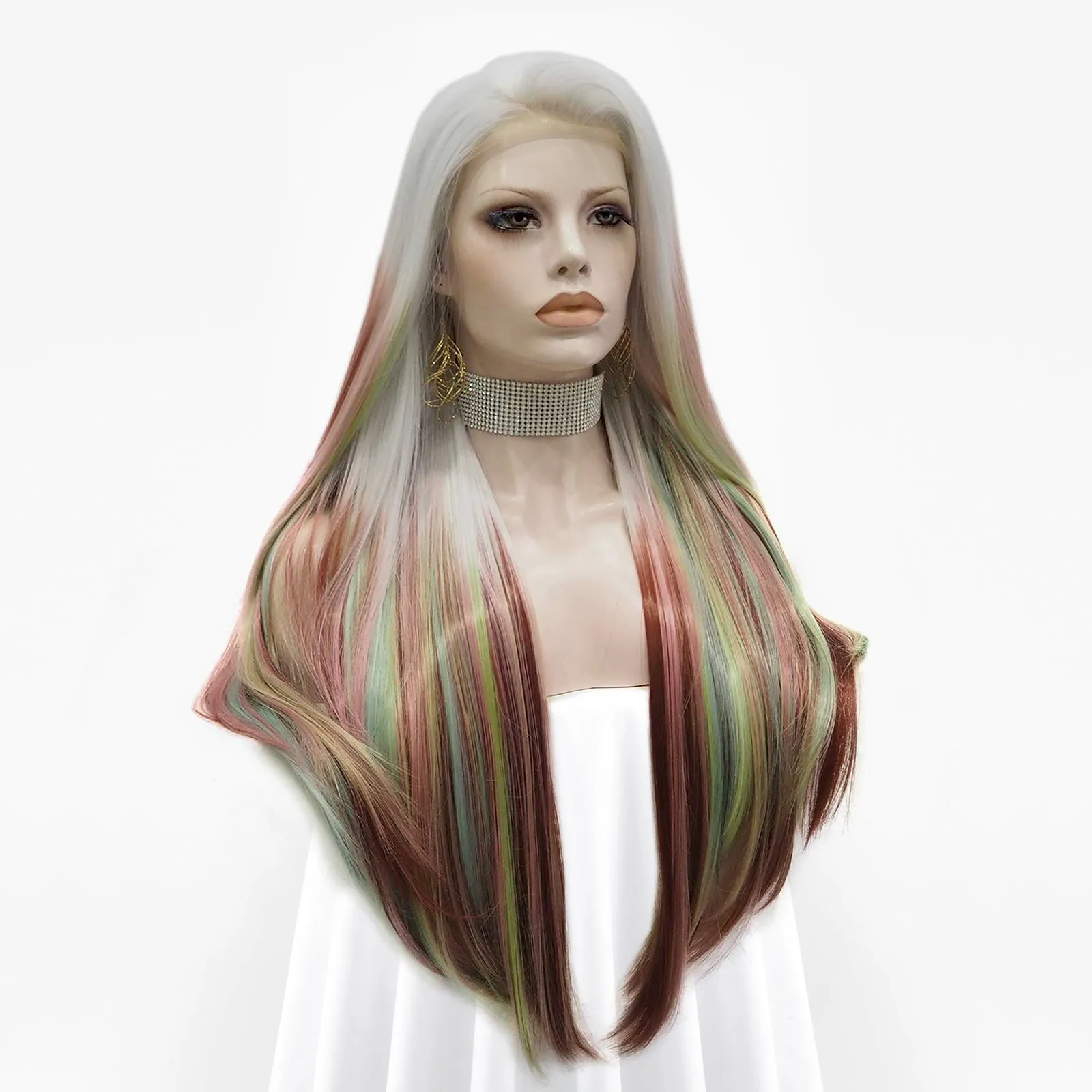 Layla - Red Green Blonde White Mixed Color Long Straight Synthetic Lace Front Wig