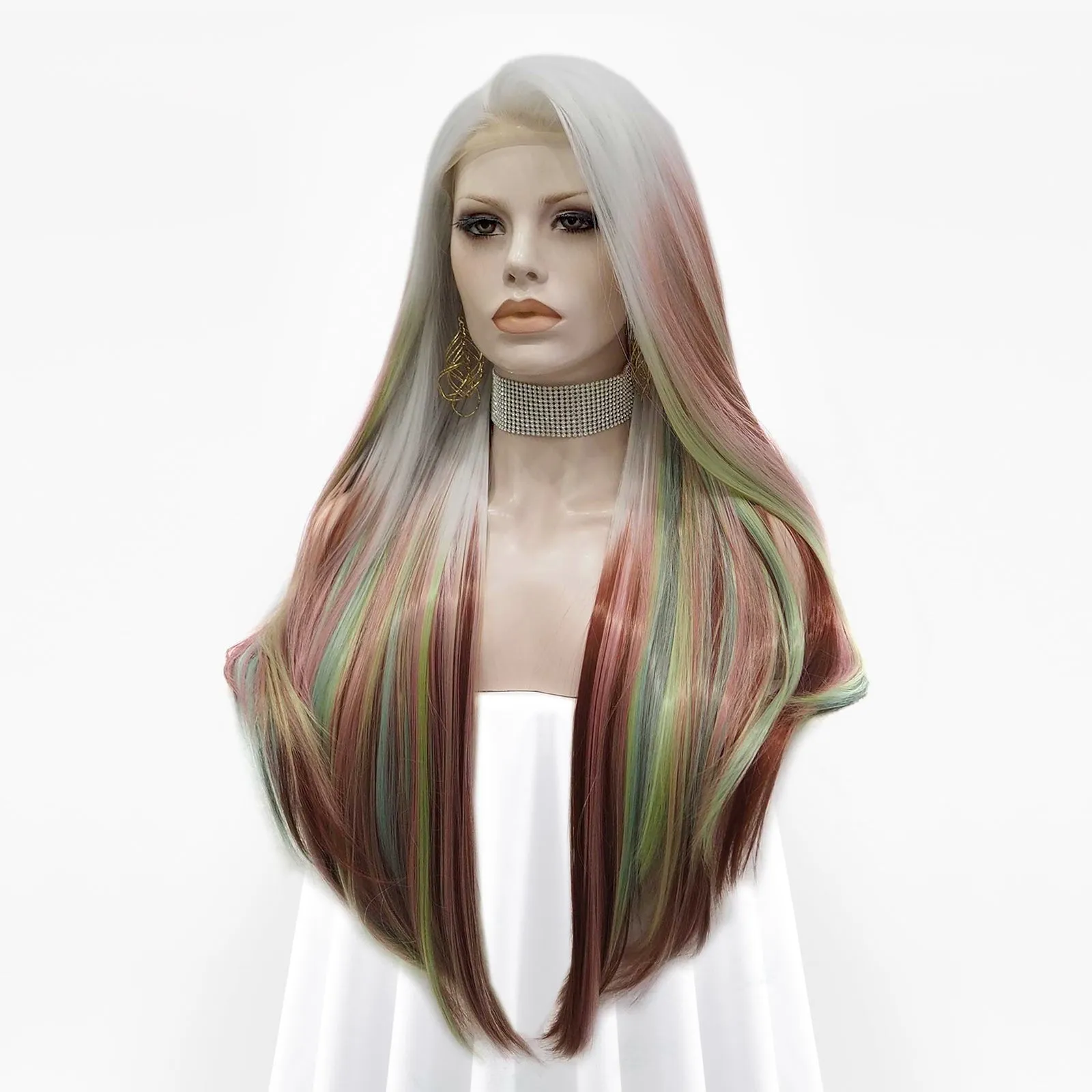 Layla - Red Green Blonde White Mixed Color Long Straight Synthetic Lace Front Wig