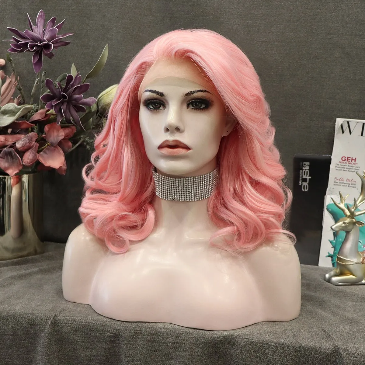 Peach Pink Medium Wavy Synthetic Wigs IM19125